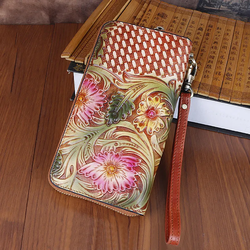 Vintage Handmade Flowers Floral Brown Leather Wristlet Wallet Womens Zip Around Wallets Flowers Ladies Zipper Clutch Wallet for Women