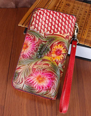 Vintage Handmade Flowers Floral Brown Leather Wristlet Wallet Womens Zip Around Wallets Flowers Ladies Zipper Clutch Wallet for Women