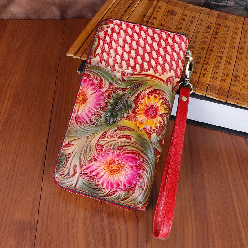 Vintage Handmade Flowers Floral Brown Leather Wristlet Wallet Womens Zip Around Wallets Flowers Ladies Zipper Clutch Wallet for Women