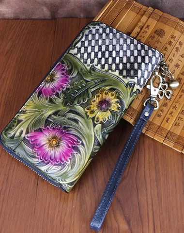 Vintage Handmade Flowers Floral Brown Leather Wristlet Wallet Womens Zip Around Wallets Flowers Ladies Zipper Clutch Wallet for Women