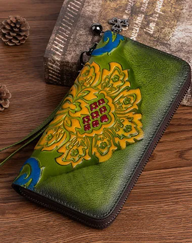 Vintage SunFlower Leather Wristlet Wallet Womens Flower Zip Around Wallets Flowers Ladies Zipper Clutch Wallet for Women