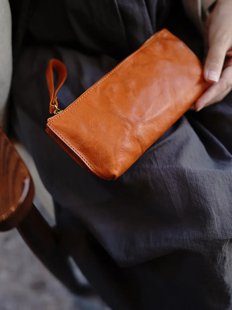 Vintage Tan Leather Wristlet Wallet Womens Zip Around Wallets Tan Ladies Zipper Clutch Wallet for Women