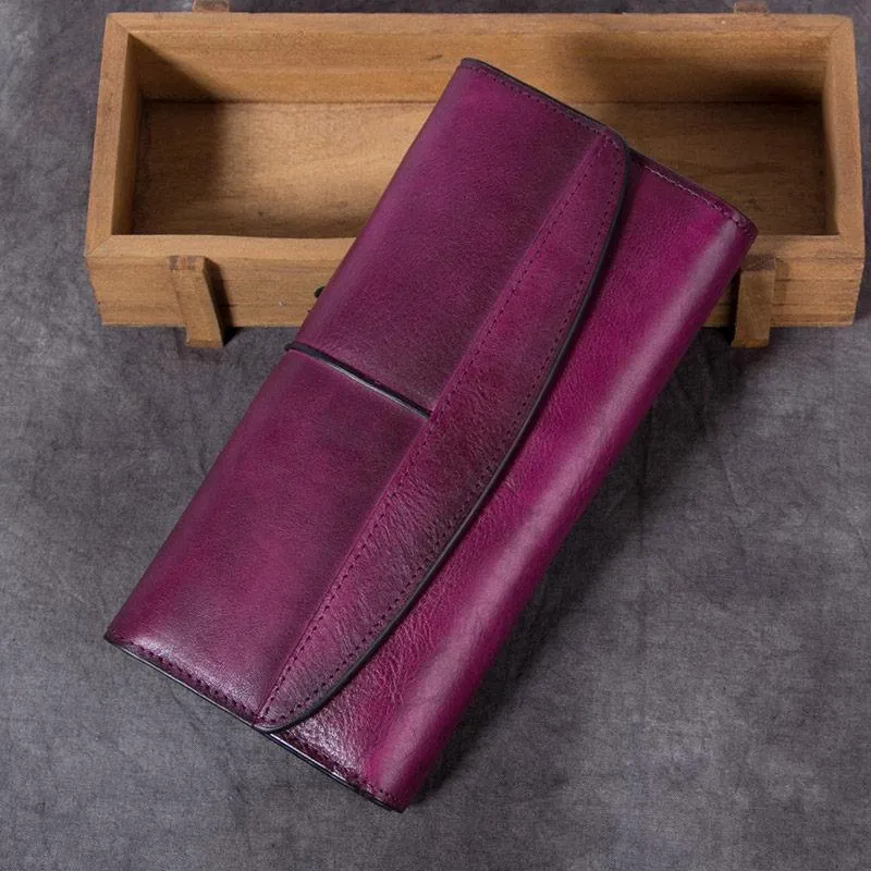 Vintage Women Brown Leather Blue Long Wallet Red Long Clutch Wallet For Ladies Purse