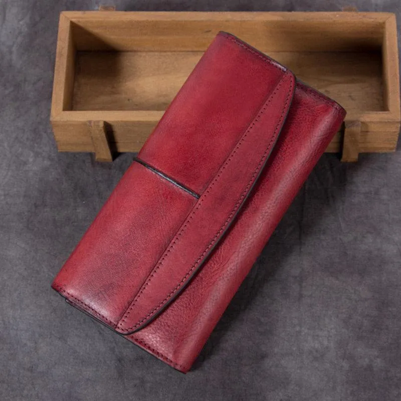 Vintage Women Brown Leather Blue Long Wallet Red Long Clutch Wallet For Ladies Purse