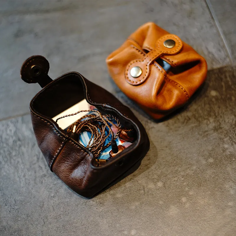 Vintage Women Brown Leather Coin Pouch Catch All Tray Coin Wallet Change Wallet For Women