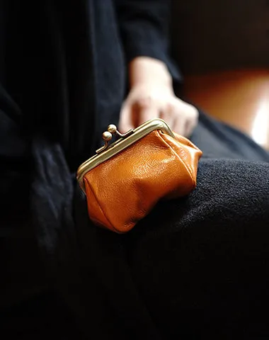 Vintage Women Red Leather Coin Wallet Frame Clasp Coin Pouch Change Wallet For Women