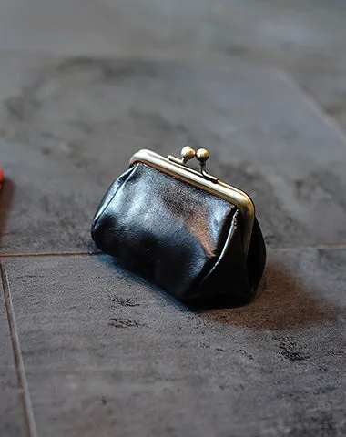 Vintage Women Red Leather Coin Wallet Frame Clasp Coin Pouch Change Wallet For Women