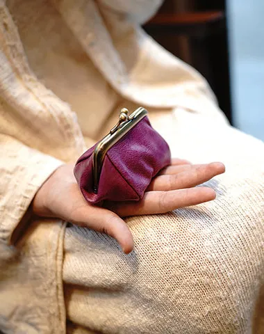 Vintage Women Red Leather Coin Wallet Frame Clasp Coin Pouch Change Wallet For Women