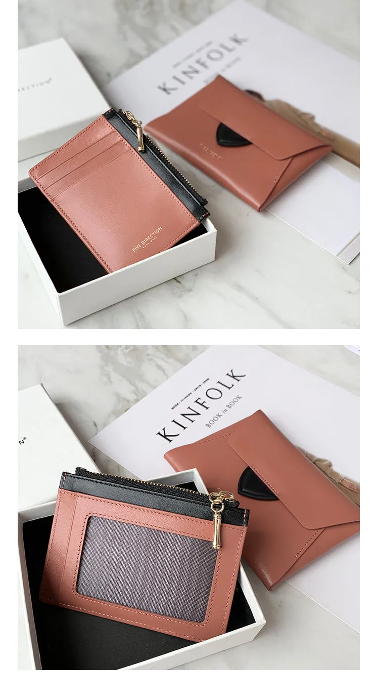 Women Light Red Leather Small Wallet Envelope Change Wallet Slim Coin Wallet For Women
