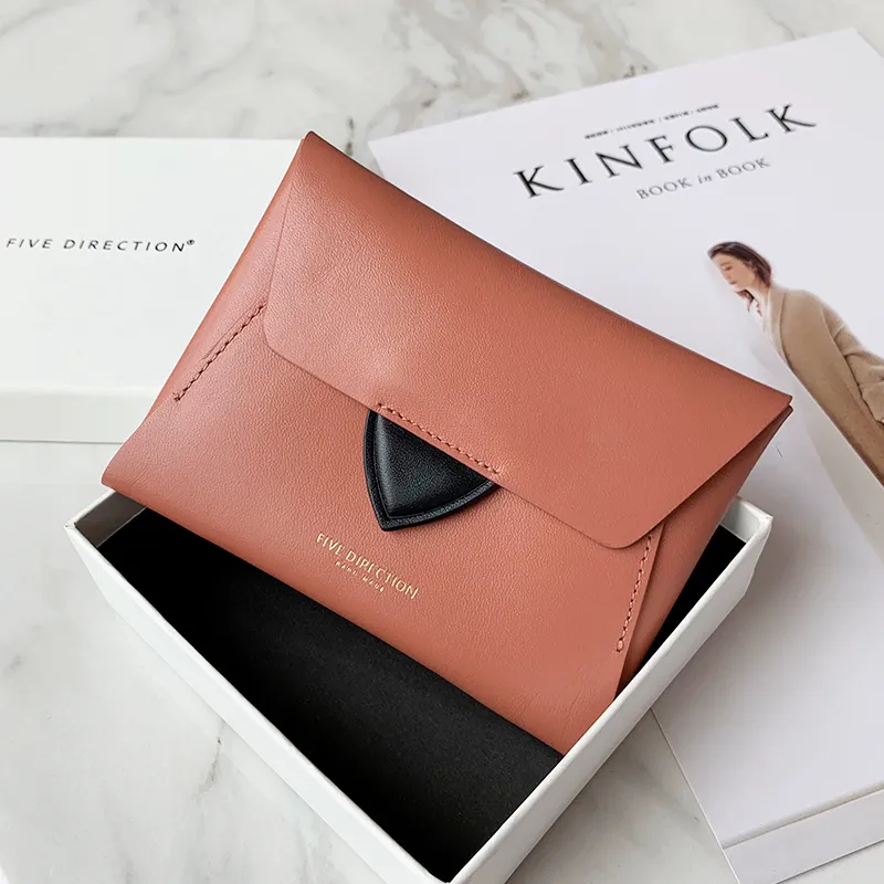 Women Light Red Leather Small Wallet Envelope Change Wallet Slim Coin Wallet For Women