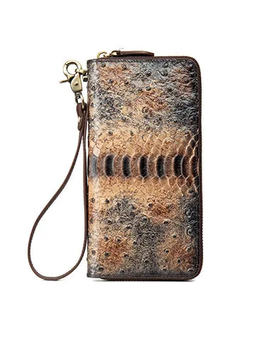 Womens Gray&Red Leather Zip Around Wallets Ostrich Pattern Wristlet Wallets Ladies Zipper Clutch Wallet for Women