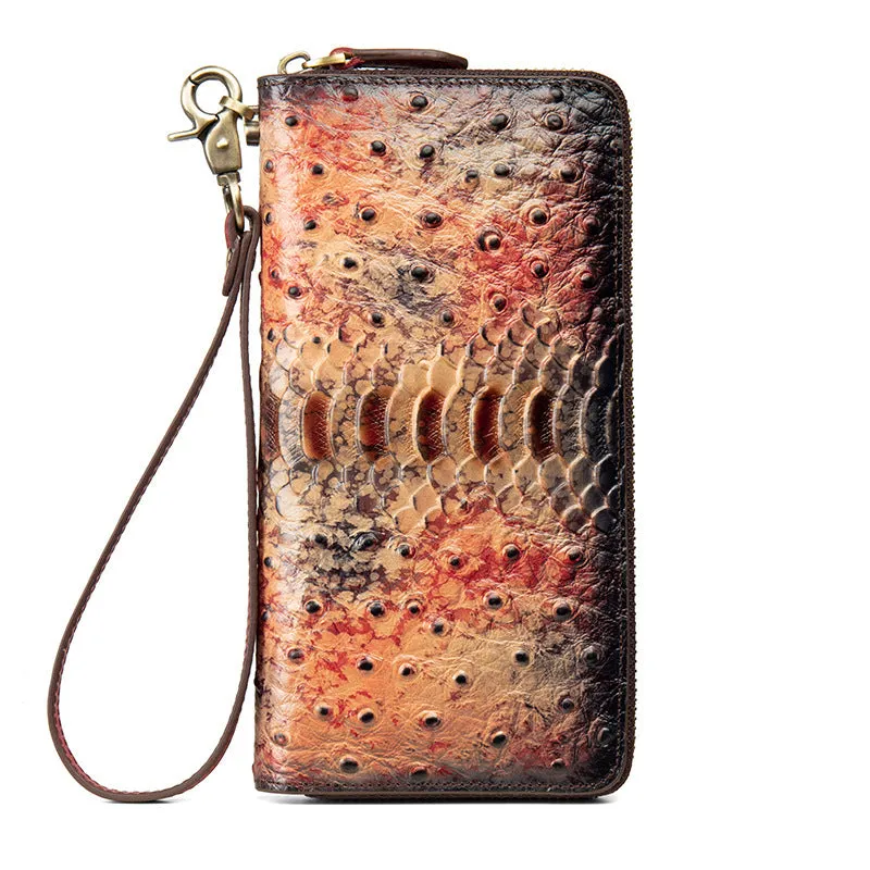 Womens Gray&Red Leather Zip Around Wallets Ostrich Pattern Wristlet Wallets Ladies Zipper Clutch Wallet for Women