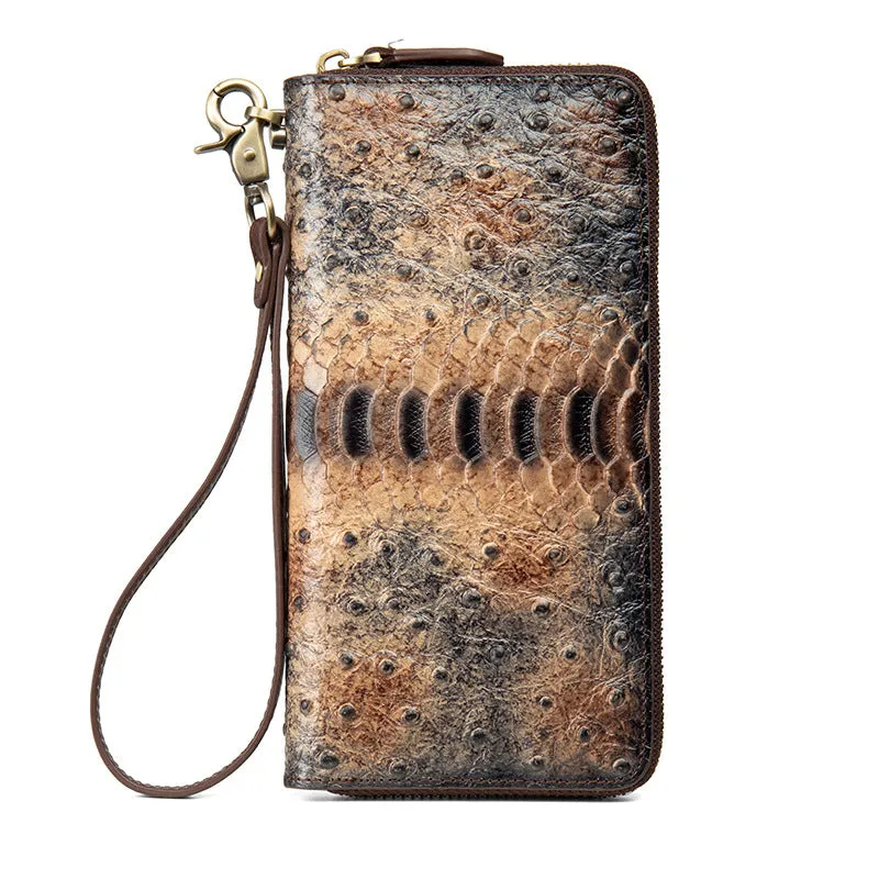 Womens Gray&Red Leather Zip Around Wallets Ostrich Pattern Wristlet Wallets Ladies Zipper Clutch Wallet for Women