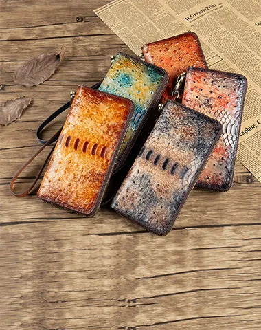 Womens Gray&Red Leather Zip Around Wallets Ostrich Pattern Wristlet Wallets Ladies Zipper Clutch Wallet for Women
