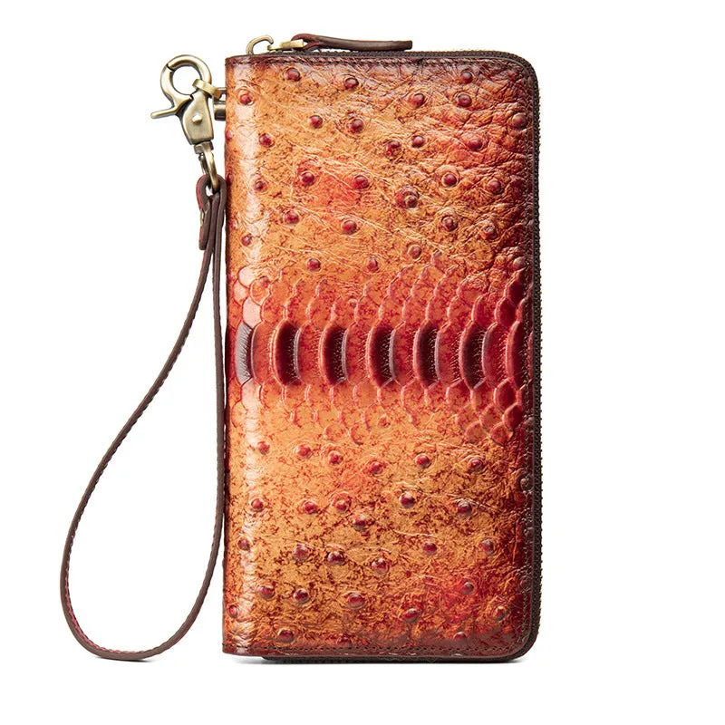 Womens Gray&Red Leather Zip Around Wallets Ostrich Pattern Wristlet Wallets Ladies Zipper Clutch Wallet for Women