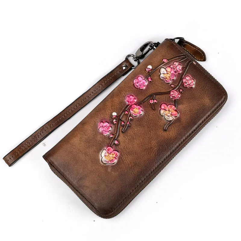 Womens Plum Blossom Flower Black Leather Zip Around Wallet Wristlet Wallet Flower Ladies Zipper Clutch Wallet for Women