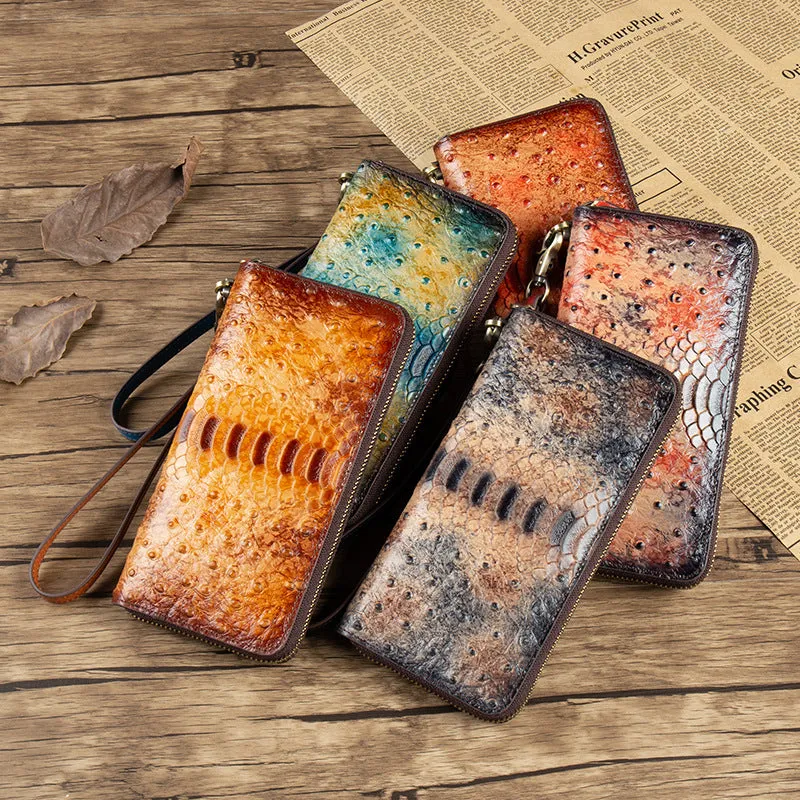 Womens Red Leather Zip Around Wallets Ostrich Pattern Wristlet Wallets Ladies Zipper Clutch Wallet for Women