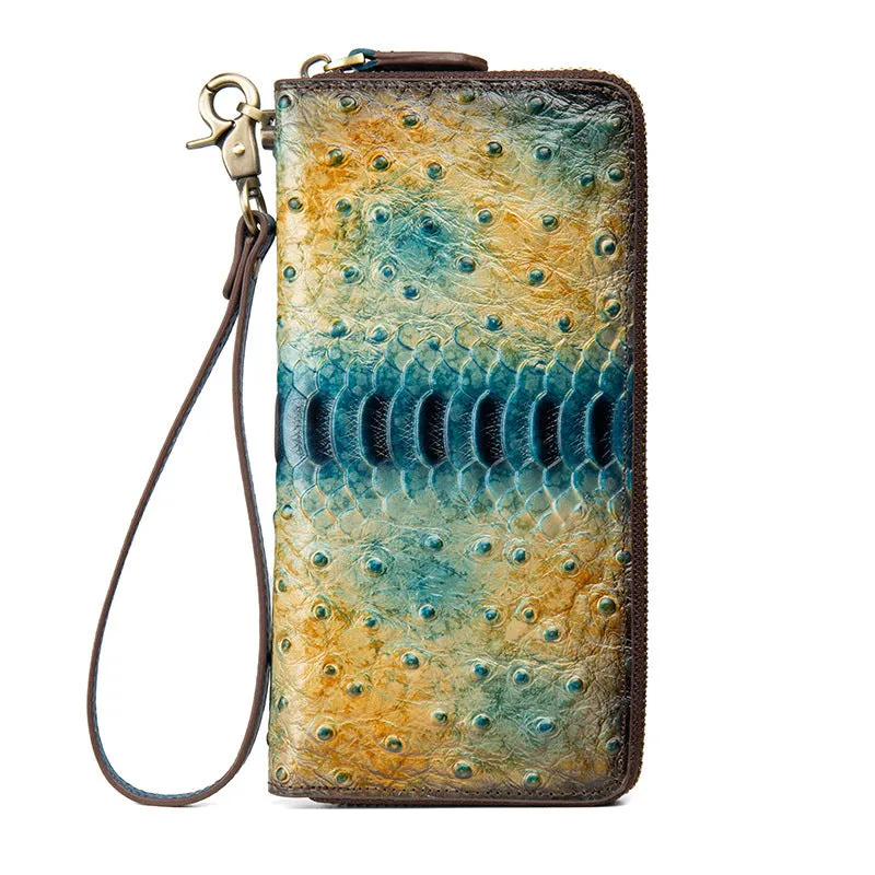 Womens Red Leather Zip Around Wallets Ostrich Pattern Wristlet Wallets Ladies Zipper Clutch Wallet for Women
