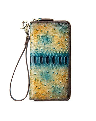 Womens Red Leather Zip Around Wallets Ostrich Pattern Wristlet Wallets Ladies Zipper Clutch Wallet for Women