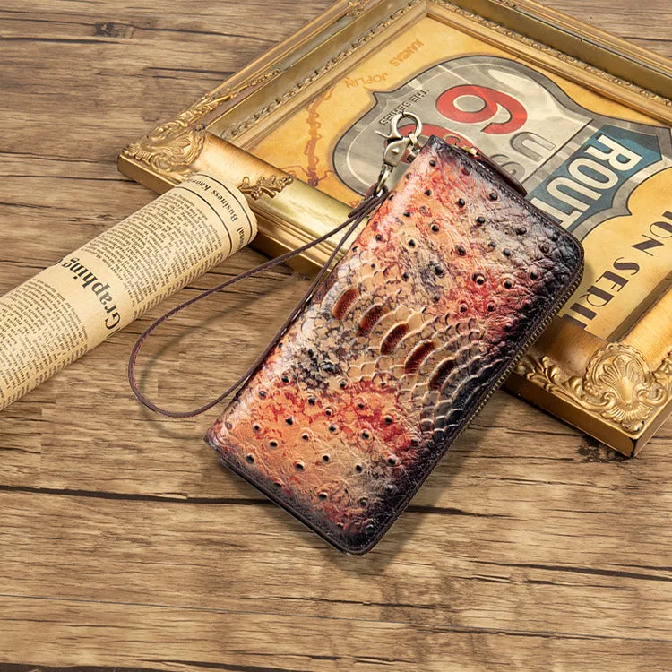 Womens Red Leather Zip Around Wallets Ostrich Pattern Wristlet Wallets Ladies Zipper Clutch Wallet for Women