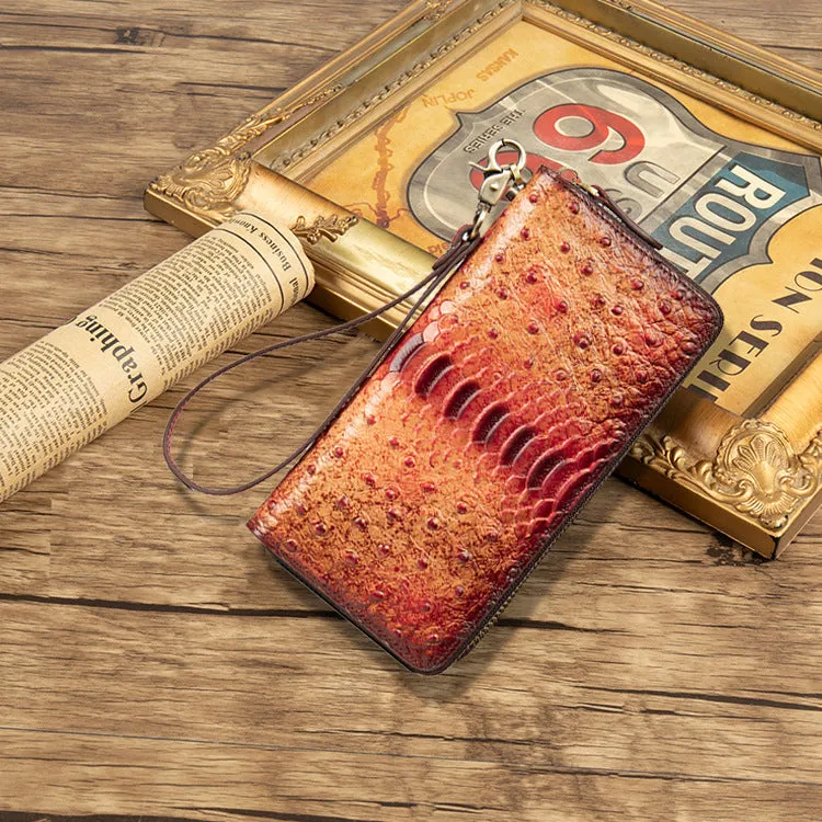 Womens Red Leather Zip Around Wallets Ostrich Pattern Wristlet Wallets Ladies Zipper Clutch Wallet for Women