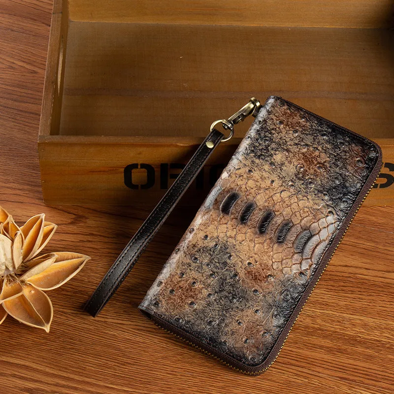 Womens Red Leather Zip Around Wallets Ostrich Pattern Wristlet Wallets Ladies Zipper Clutch Wallet for Women