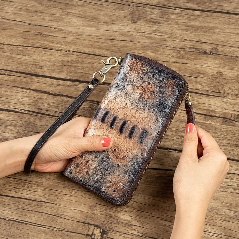 Womens Red Leather Zip Around Wallets Ostrich Pattern Wristlet Wallets Ladies Zipper Clutch Wallet for Women