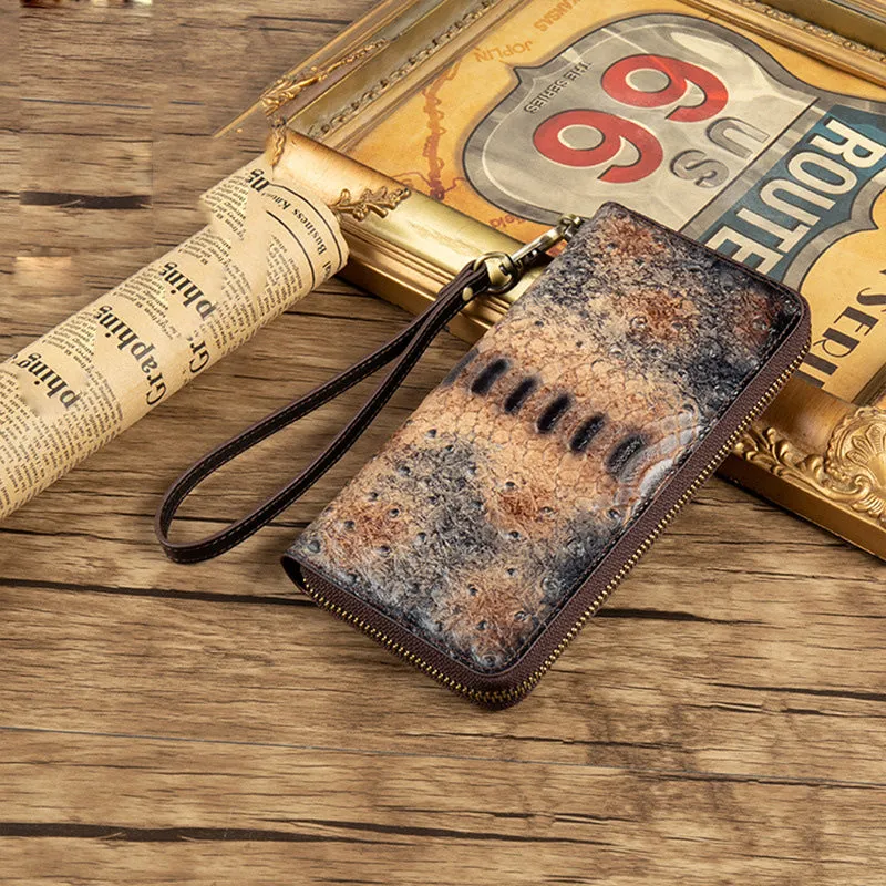 Womens Red Leather Zip Around Wallets Ostrich Pattern Wristlet Wallets Ladies Zipper Clutch Wallet for Women