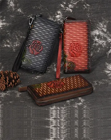 Womens Rose Flower Black Leather Zip Around Wallet Wristlet Wallet Flower Ladies Zipper Clutch Wallet for Women