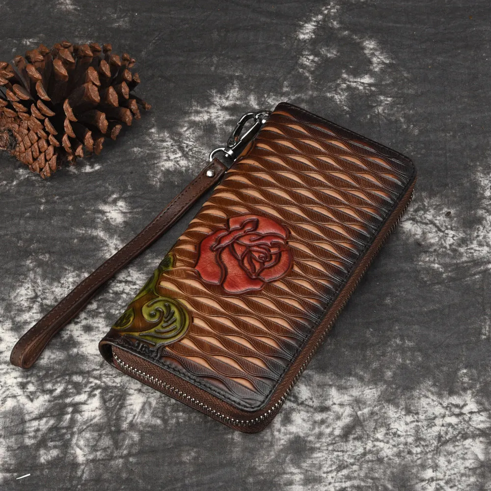 Womens Rose Flower Black Leather Zip Around Wallet Wristlet Wallet Flower Ladies Zipper Clutch Wallet for Women
