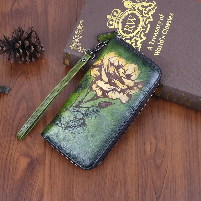 Womens Rose Flower Red Leather Wristlet Wallets Zip Around Wallet Flower Ladies Zipper Clutch Wallet for Women