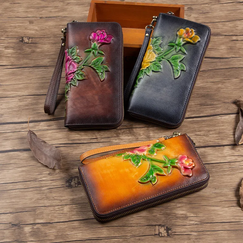 Womens Tan Leather Zip Around Wallets Peony Flower Wristlet Wallets Floral Ladies Zipper Clutch Wallet for Women