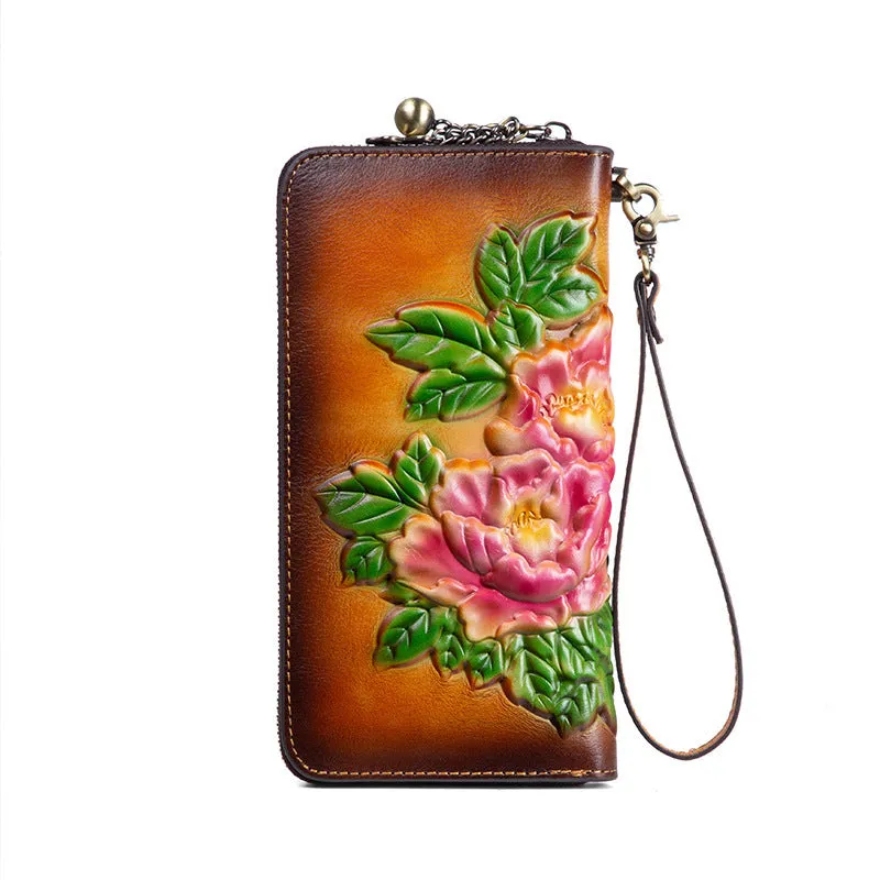 Womens Tan Leather Zip Around Wallets Peony Flower Wristlet Wallets Floral Ladies Zipper Clutch Wallet for Women