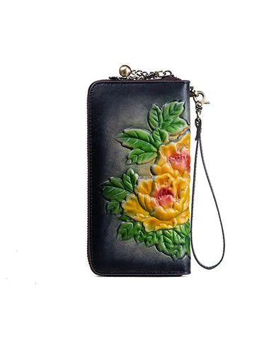 Womens Tan Leather Zip Around Wallets Peony Flower Wristlet Wallets Floral Ladies Zipper Clutch Wallet for Women