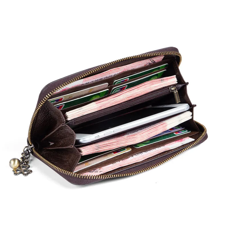Womens Tan Leather Zip Around Wallets Peony Flower Wristlet Wallets Floral Ladies Zipper Clutch Wallet for Women