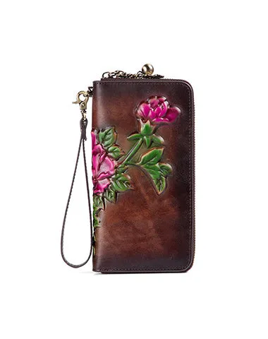 Womens Tan Leather Zip Around Wallets Peony Flower Wristlet Wallets Floral Ladies Zipper Clutch Wallet for Women