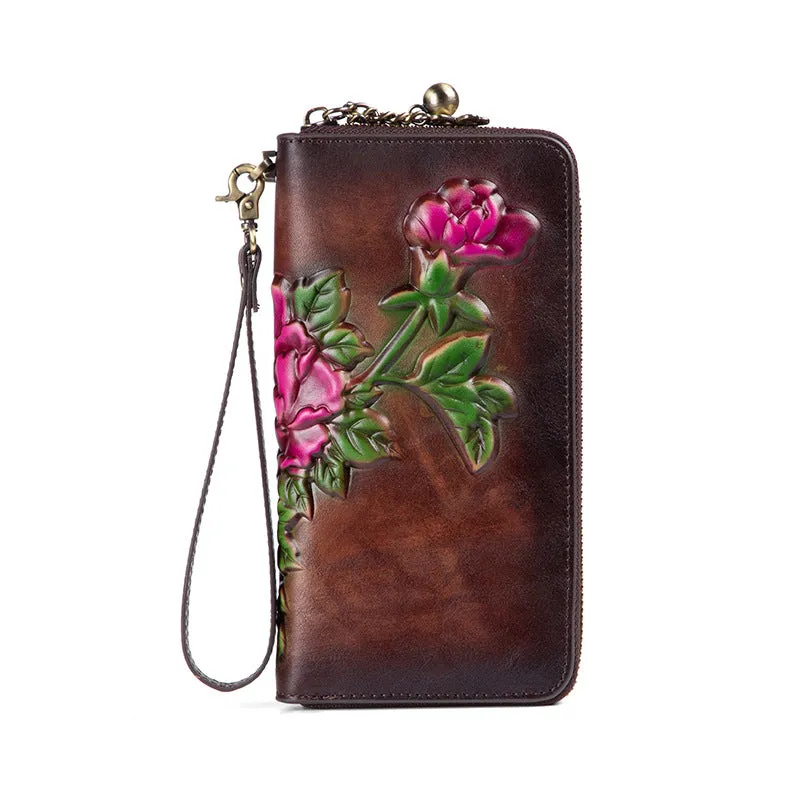 Womens Tan Leather Zip Around Wallets Peony Flower Wristlet Wallets Floral Ladies Zipper Clutch Wallet for Women