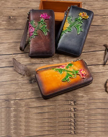 Womens Tan Leather Zip Around Wallets Peony Flower Wristlet Wallets Floral Ladies Zipper Clutch Wallet for Women