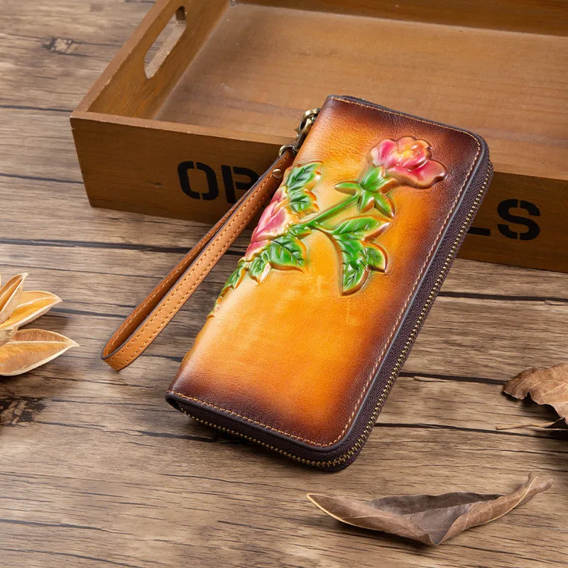 Womens Tan Leather Zip Around Wallets Peony Flower Wristlet Wallets Floral Ladies Zipper Clutch Wallet for Women