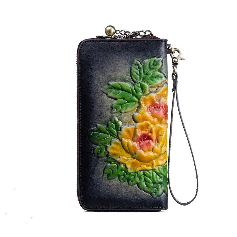 Womens Tan Leather Zip Around Wallets Peony Flower Wristlet Wallets Floral Ladies Zipper Clutch Wallet for Women