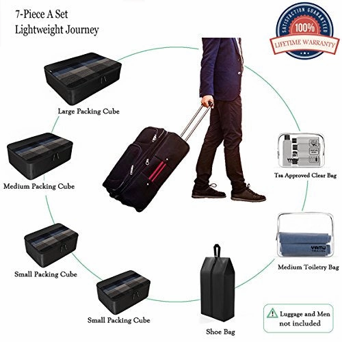 YAMIU Packing Cubes 7-Pcs Travel Organizer Accessories with Shoe Bag & 2 Toiletry Bags(Black)