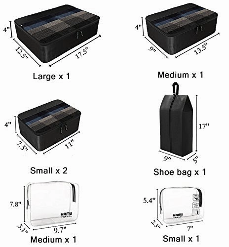 YAMIU Packing Cubes 7-Pcs Travel Organizer Accessories with Shoe Bag & 2 Toiletry Bags(Black)