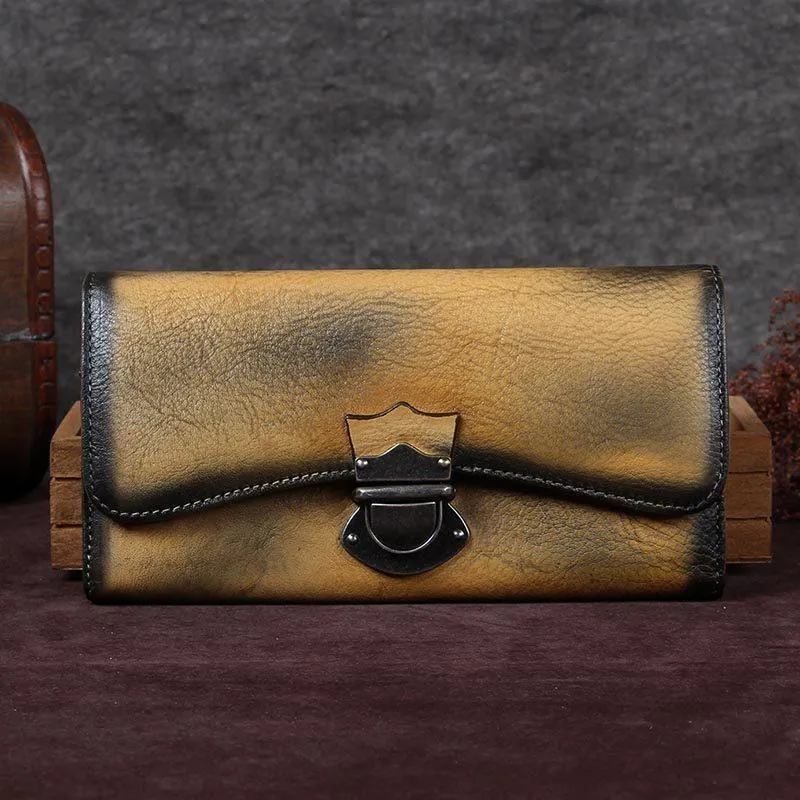 Yellow Vintage Womens Leather Long Clutch Red Long Wallet Green Phone Purses for Ladies