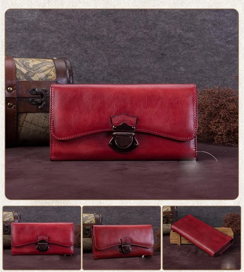 Yellow Vintage Womens Leather Long Clutch Red Long Wallet Green Phone Purses for Ladies